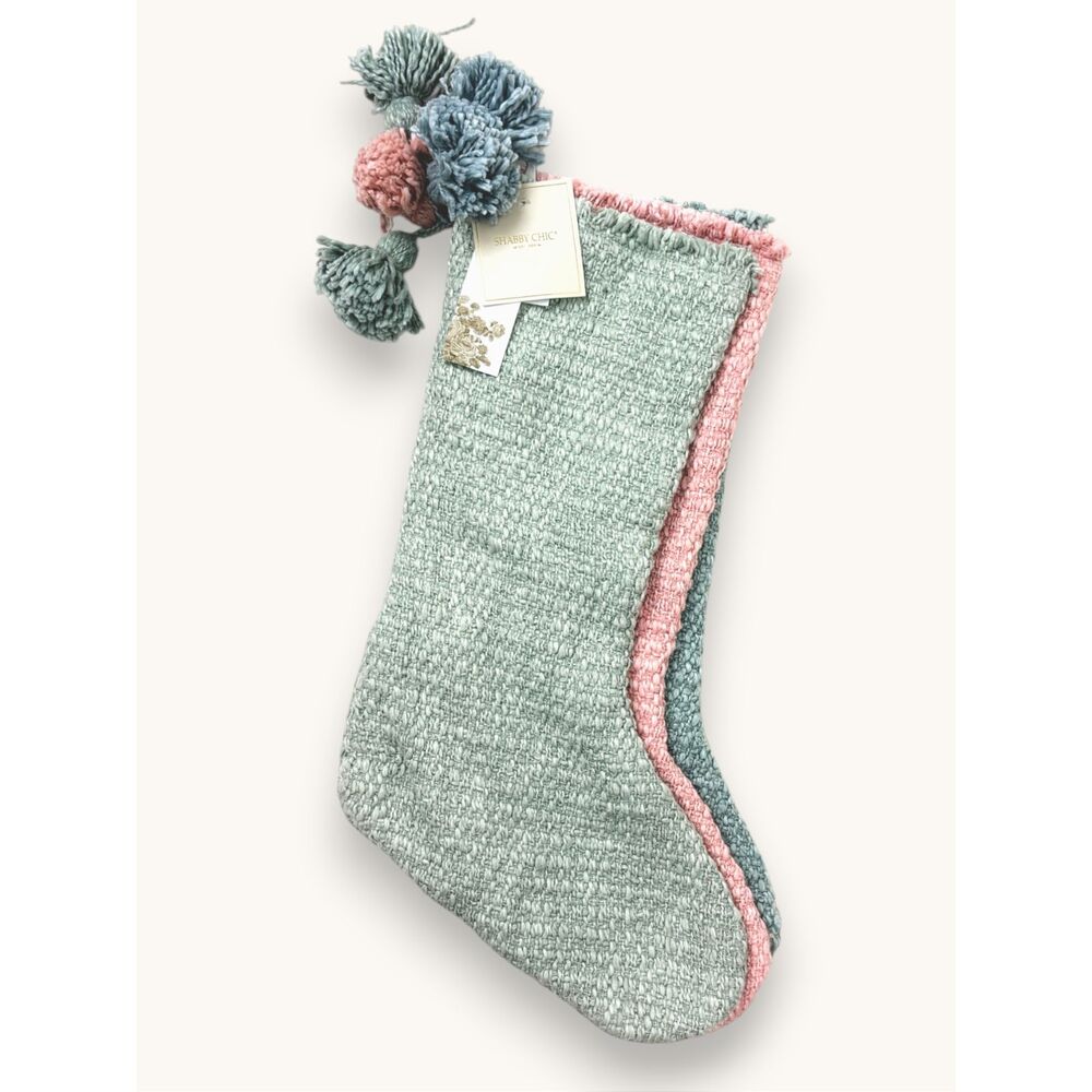Shabby Chic Set of 3 Knit Christmas Stockings Pink Blue Sage Green NWT